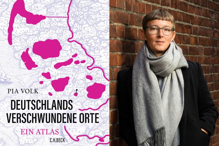 Bild-Collage: Links das Buchcover von "Deutschlands verschwundene Orte", rechts daneben ein Foto der Buchautorin Pia Volk (Foto: © Jacobia Dahm)