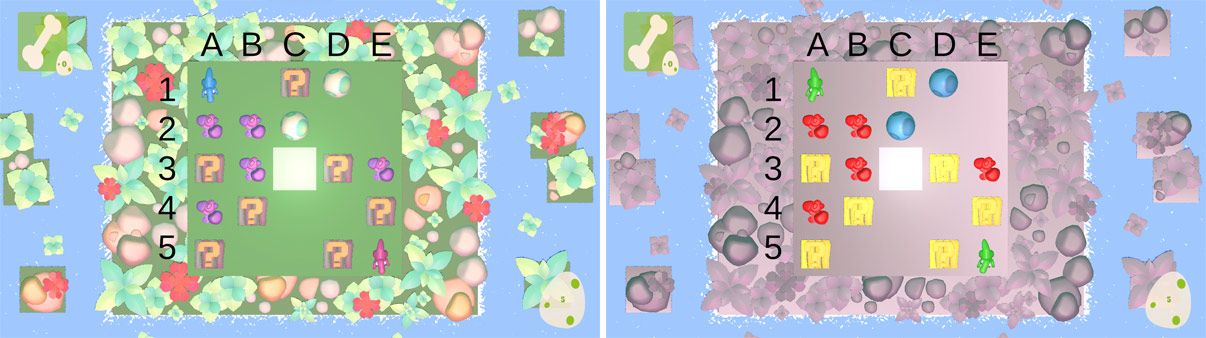 Screenshots aus dem Spiele-Prototyp „Dinonid“: ohne Filter (links) sowie im Kontrastmodus für Sehbehinderte (rechts)