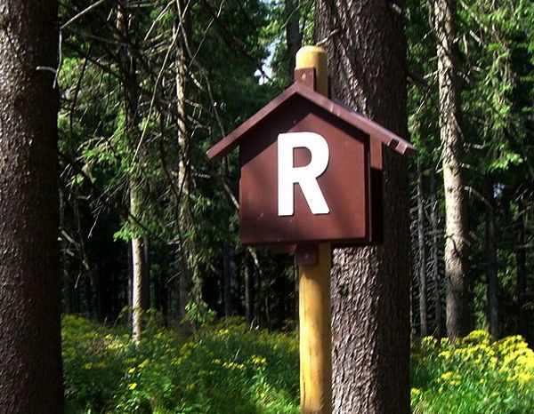 Ein hölzernes Hinweisschild im Wald mit dem markanten großen R für Rennsteig. (Foto: Christoph Radtke, CC BY 3.0)