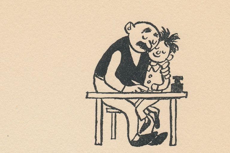 Ausschnitt der ersten "Vater und Sohn"-Bildgeschichte aus dem Jahr 1934, Vater mit Sohn am Schreibtisch.