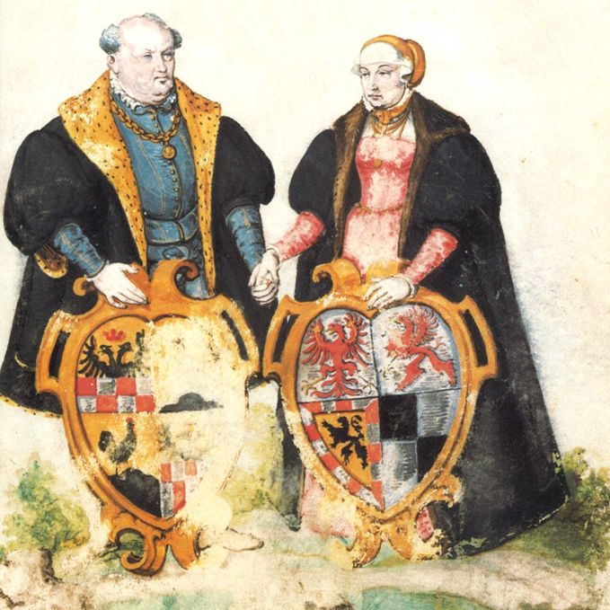 Graf Wilhelm von Henneberg und seine Frau Anastasia von Brandenburg in einer illustrierten Genealogie von 1567.