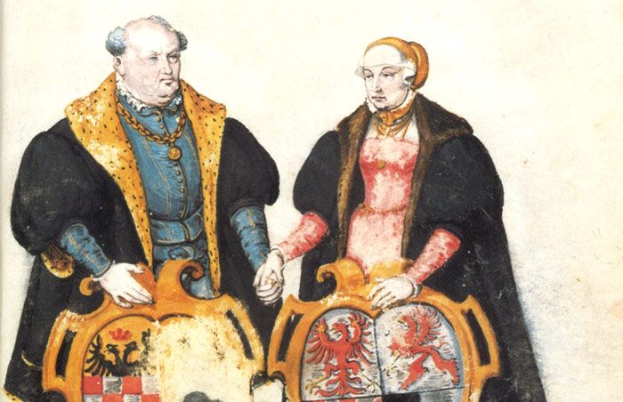 Graf Wilhelm von Henneberg und seine Frau Anastasia von Brandenburg in einer illustrierten Genealogie von 1567