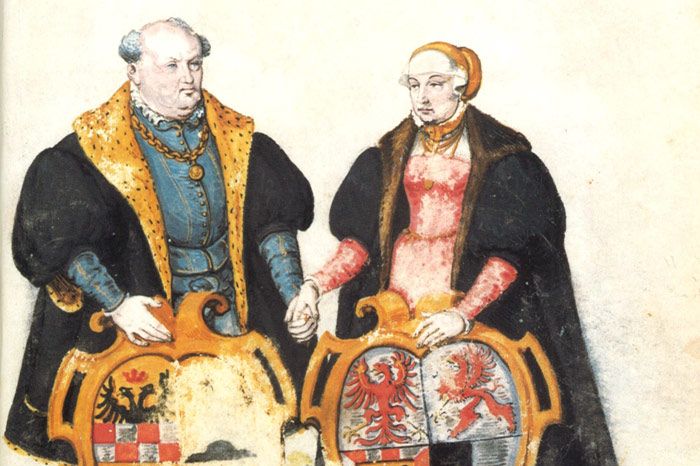 Graf Wilhelm von Henneberg und seine Frau Anastasia von Brandenburg in einer illustrierten Genealogie von 1567.