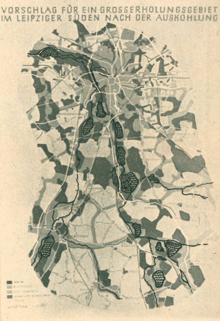 Karte zeigt den Entwurf für ein „Großerholungsgebiet“ im Leipziger Süden nach der Auskohlung aus den 1950er Jahren.