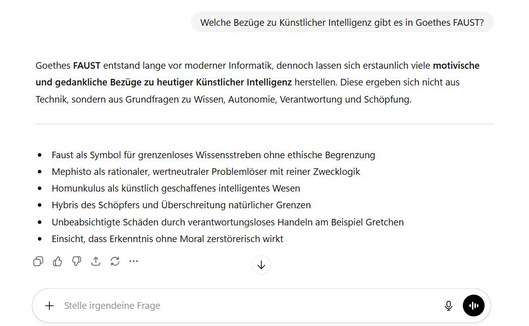 Unterhaltung mit KI-Tool ChatGPT (Auszug) über KI-Bezüge in Goethes Faust