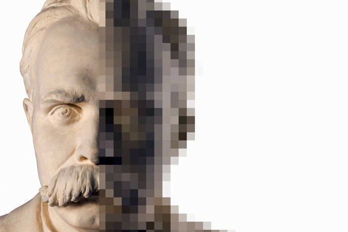 Ausschnitt aus dem Buchcover von „Sammlungsforschung im digitalen Zeitalter“, zeigt eine Büste des Philosophen Nietzsche mit Pixel-Optik