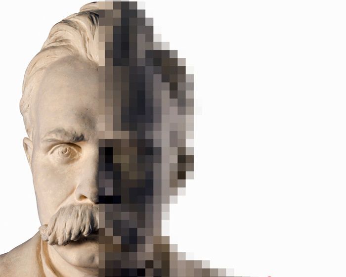 Ausschnitt aus dem Buchcover von „Sammlungsforschung im digitalen Zeitalter“, zeigt eine Büste des Philosophen Nietzsche mit Pixel-Optik
