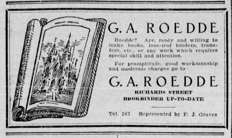 Advertisement for Roedde’s business in Richards Street, Vancouver, ca. 1906.